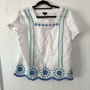 Talbots Womens Large P Shirt Peasant Cottagecore Embroidery Linen Square Neck